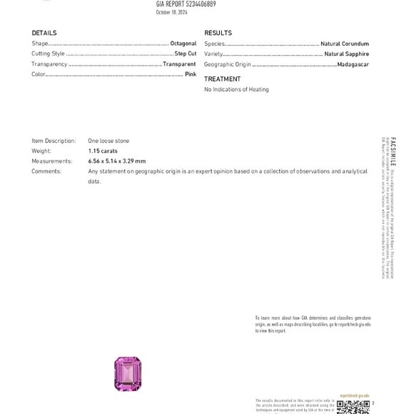 Emerald Natural Mined Loose Sapphire (1.15 Ct Pink Vs2) Gia C53000058 - Picture 5 of 6